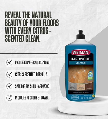 Weiman Professional Citrus Scent Hardwood Floor Cleaner Liquid 32 oz Bundle with Microfiber Cloth – Cleans and Shines Wood, Laminate, and Tile Floors – Gift Set (2 Items)
