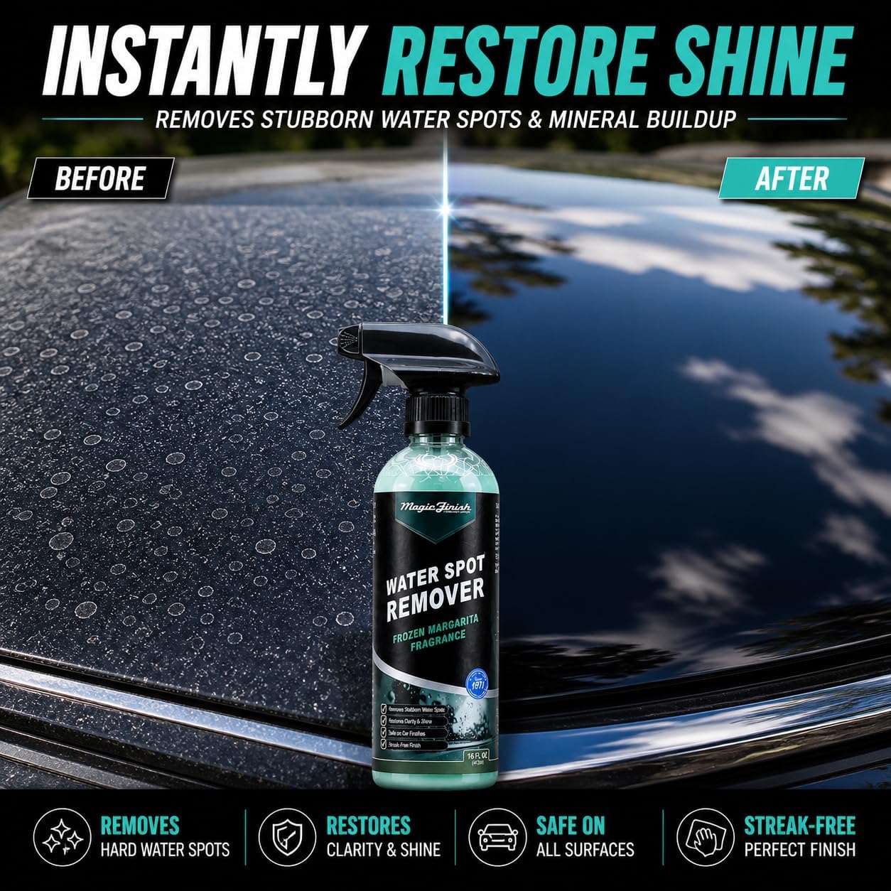 Magic Finish Water Spot Remover for Cars – Professional Hard Water Stain & Mineral Deposit Remover for Paint, Chrome & Wheels – Restores Shine & Gloss – Frozen Margarita Scent – 16oz