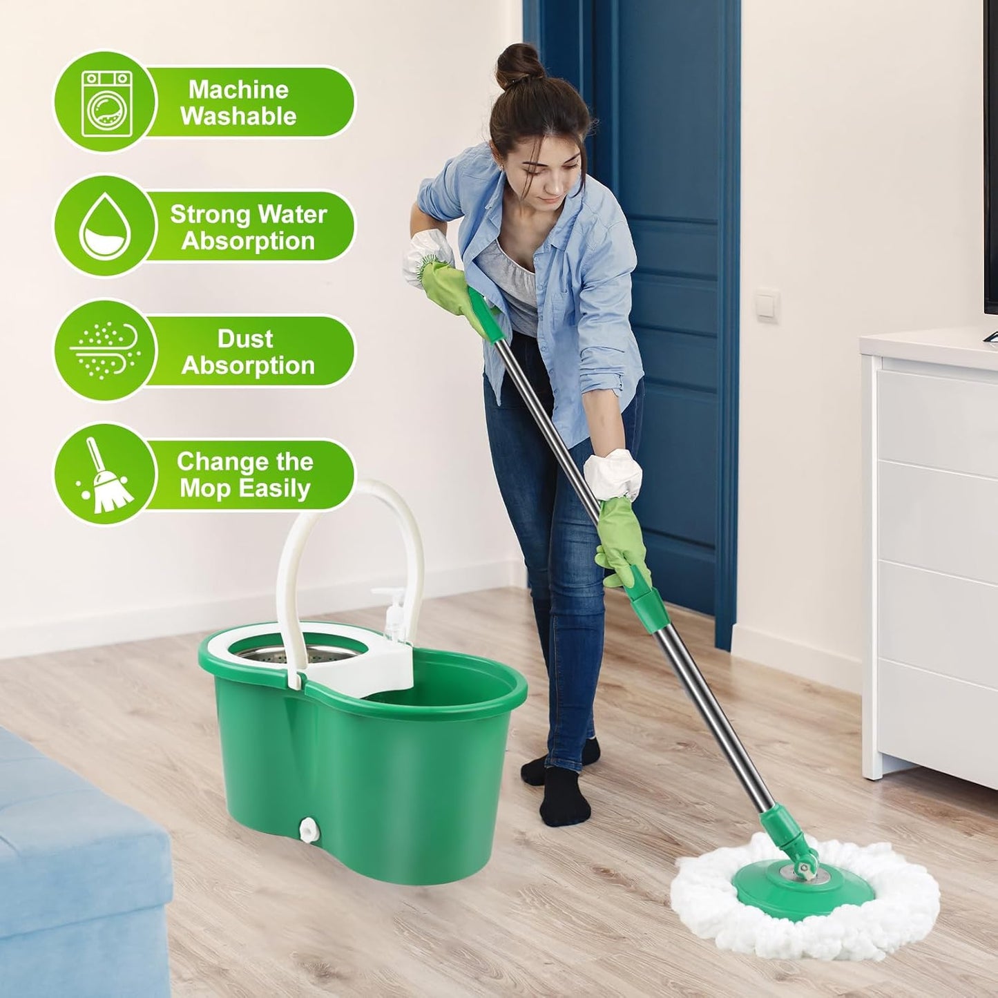 Spin Mop and Bucket with Wringer Set,360° Spin Mop & Bucket Floor Cleaning System Mop Bucket with 61" Adjustable Extended Handle 3 Microfiber Replacement Head Refills