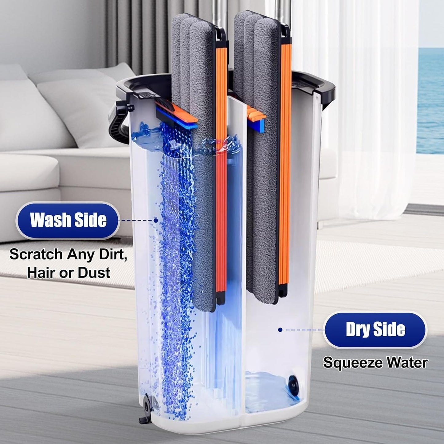 Flat Mop and Bucket Set Microfiber Mop for Floor Cleaning Flat Mop and Bucket System with 8 Reusable Microfiber Mop Pads for Tiles Bathroom & Household Floor Cleaning 16 Inch