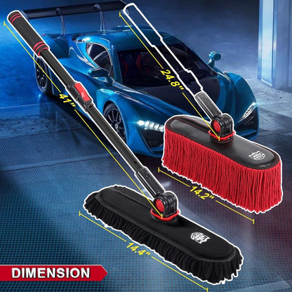 Car Duster Exterior with Extendable Handle, Scratch Free Auto Wash Brush Mop, Interior Detailing Kit for Truck RV Boat - Wax Cotton Duster & Interior Brush, Red