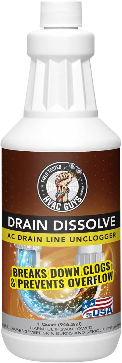 HVAC Guys Drain Dissolve | AC Drain Line Cleaner & Unclogger | Heat Generating Alkaline Formula | Prevents Overflow | Clears Hair, Grease, Gunk - 32oz