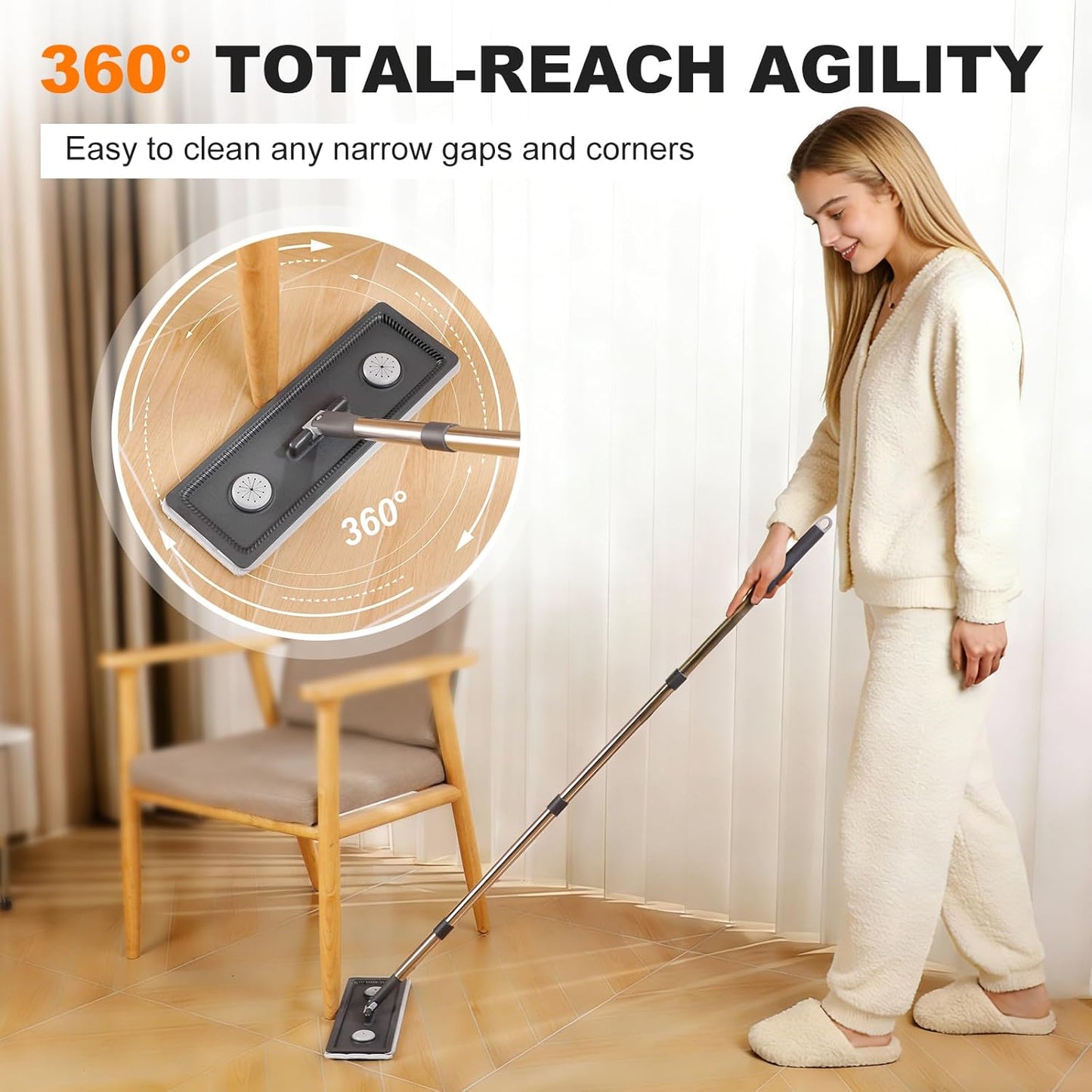 Mop and Bucket with Wringer Set, Hands-Free Flat Floor Mop and Bucket for Floor Cleaning, 60" Extra Long Stainless Steel Handle, 4 Washable Microfiber Pads, Mops for Wall, Hardwood, Tile
