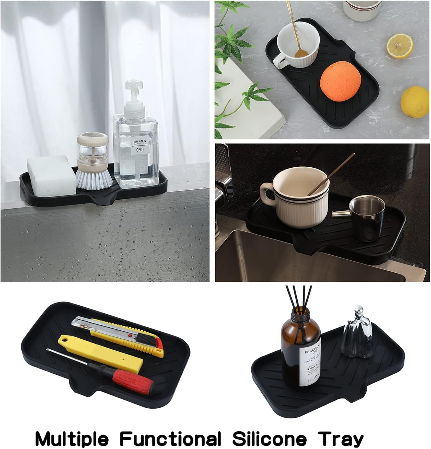 MicoYang Silicone Bathroom Soap Dishes with Drain Spout-Bathroom and Kitchen Sink Organizer,Sponge Holder,Dish Soap Tray,Perfect for Dispenser,Scrubber,Bottle,Cup on Sink or Counter-Black 4.9"×3.2"