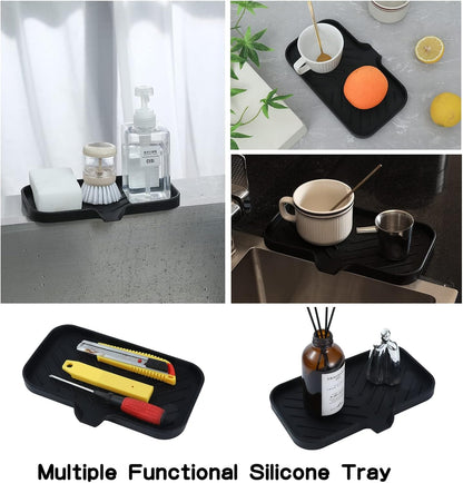 MicoYang Silicone Bathroom Soap Dishes with Drain Spout-Bathroom and Kitchen Sink Organizer,Sponge Holder,Dish Soap Tray,Perfect for Dispenser,Scrubber,Bottle,Cup on Sink or Counter-Black 4.9"×3.2"