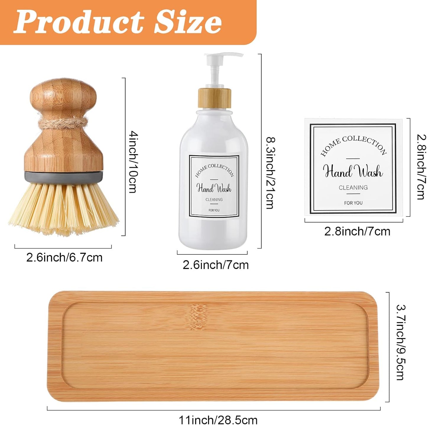 Zopeal 4 Pcs 16 oz Kitchen Soap Dispenser Set with Bamboo Tray and Dish Brush Plastic Soap Dispenser Set with Waterproof Labels for Hand Dish Lotion(Frosted Black)