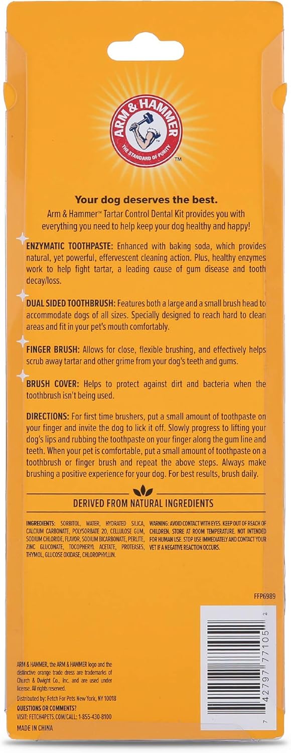 Arm & Hammer for Pets Tartar Control Dog Dental Kit, Enzymatic Toothpaste with Toothbrush and Fingerbrush, Baking Soda Formula Reduces Plaque and Tartar, Safe for Puppies, Beef Flavor, 3-Piece