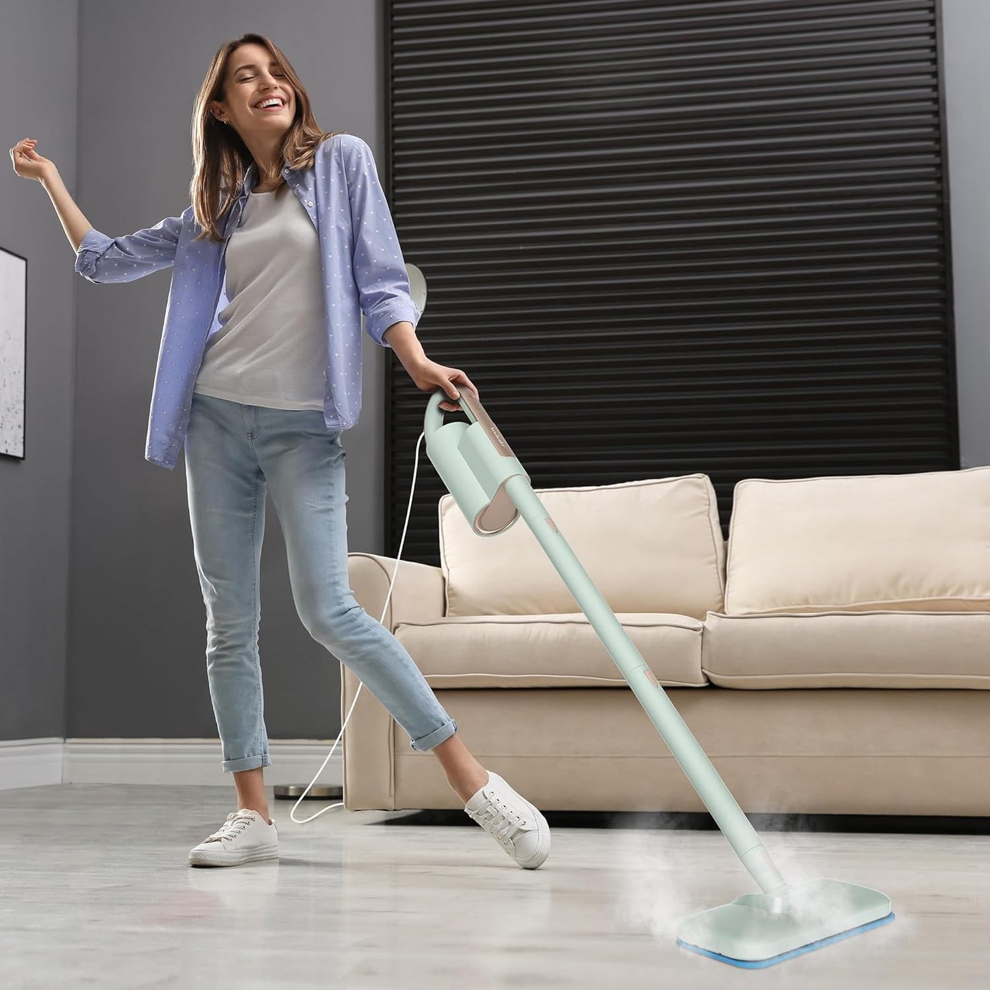 Newbealer Steam Mop & Detachable Handheld Cleaner, 250ml 1200W Powerful Floor Steamer, 3 Adjustable Levels for Carpet Laminate Hardwood Grout, Carpet Glider, 7 Multi-purpose Accessories & 2 Pads