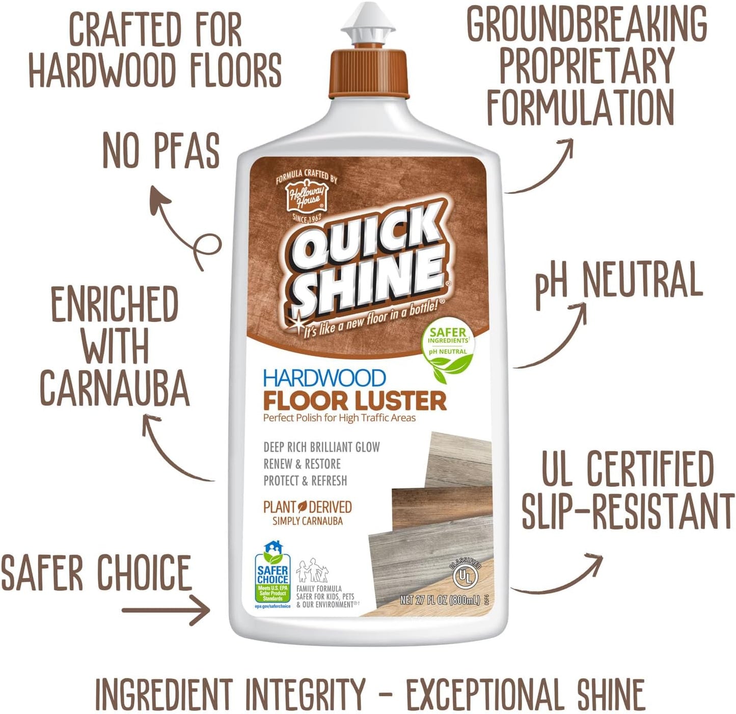 Quick Shine Hardwood Floor Luster-Polish 64oz | Plant-Derived w/Carnauba | Safer Choice, No PFAS, pH Neutral | Ready to Use Formula w/Anti-Slip Technology | Simply Squirt & Spread | Made in USA