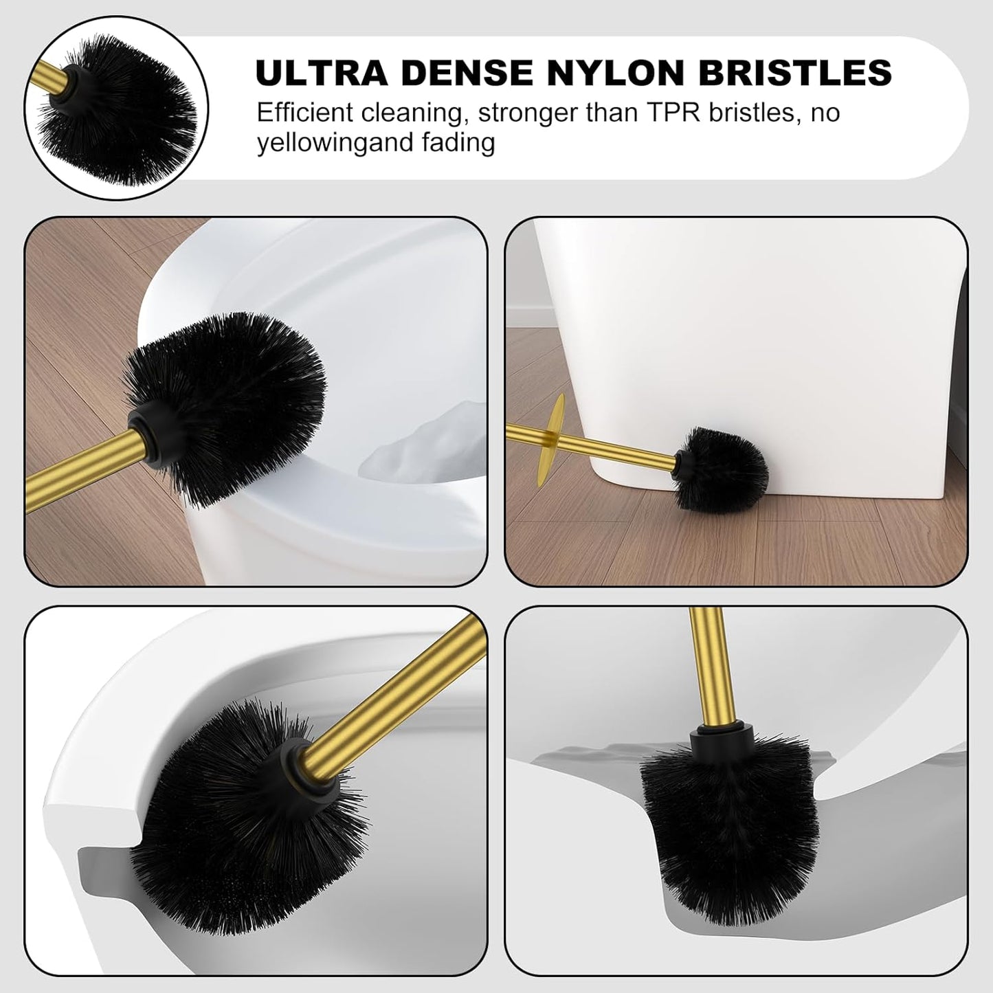 Bronze Toilet Brush and Holder Set，Stainless Steel Heavy Duty Toilet Bowl Brush，Extra Long Handled Modern Toilet Cleaner Brush, Removable Inner Bowl, and Splash Protection