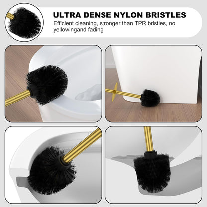 Bronze Toilet Brush and Holder Set，Stainless Steel Heavy Duty Toilet Bowl Brush，Extra Long Handled Modern Toilet Cleaner Brush, Removable Inner Bowl, and Splash Protection