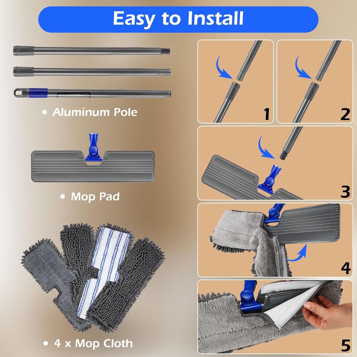 MASTERTOP Microfiber Mop - Flat Floor Mops Wet Dry Dust Mop with 4 Washable Pads & 52.4'' Stainless Steel Handle for Hardwood Laminate Tile Floor Cleaning