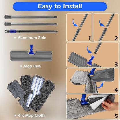 MASTERTOP Microfiber Mop - Flat Floor Mops Wet Dry Dust Mop with 4 Washable Pads & 52.4'' Stainless Steel Handle for Hardwood Laminate Tile Floor Cleaning