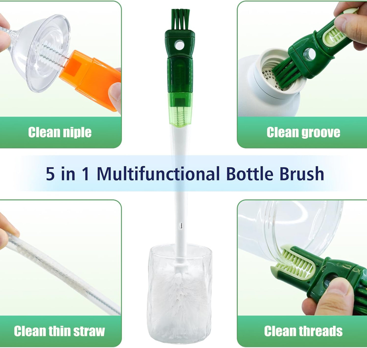 Five-in-one Bottle Brush Set (1Pc Green), Long Handle Bottle Cleaning Brush Straw Brush Nipple Brush Hard-Corner Brush for Sports Water Bottles Caps Mugs Glasswares Tumblers Wine Decanters