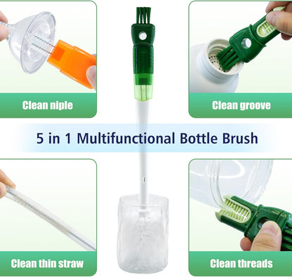 Five-in-one Bottle Brush Set (1Pc Green), Long Handle Bottle Cleaning Brush Straw Brush Nipple Brush Hard-Corner Brush for Sports Water Bottles Caps Mugs Glasswares Tumblers Wine Decanters