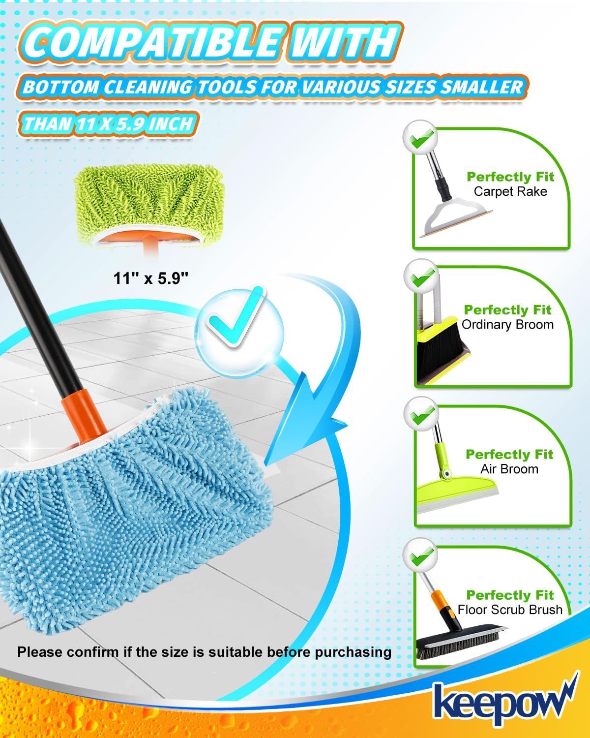 KEEPOW 4 Pack Washable Chenille Broom Pads, Baseboard Cleaner Cloth Covers for Daily Dusting, Reusable Broom Covers Compatible with Standard Brooms Under 11×5.9 in for Floors & Walls (Blue & Green