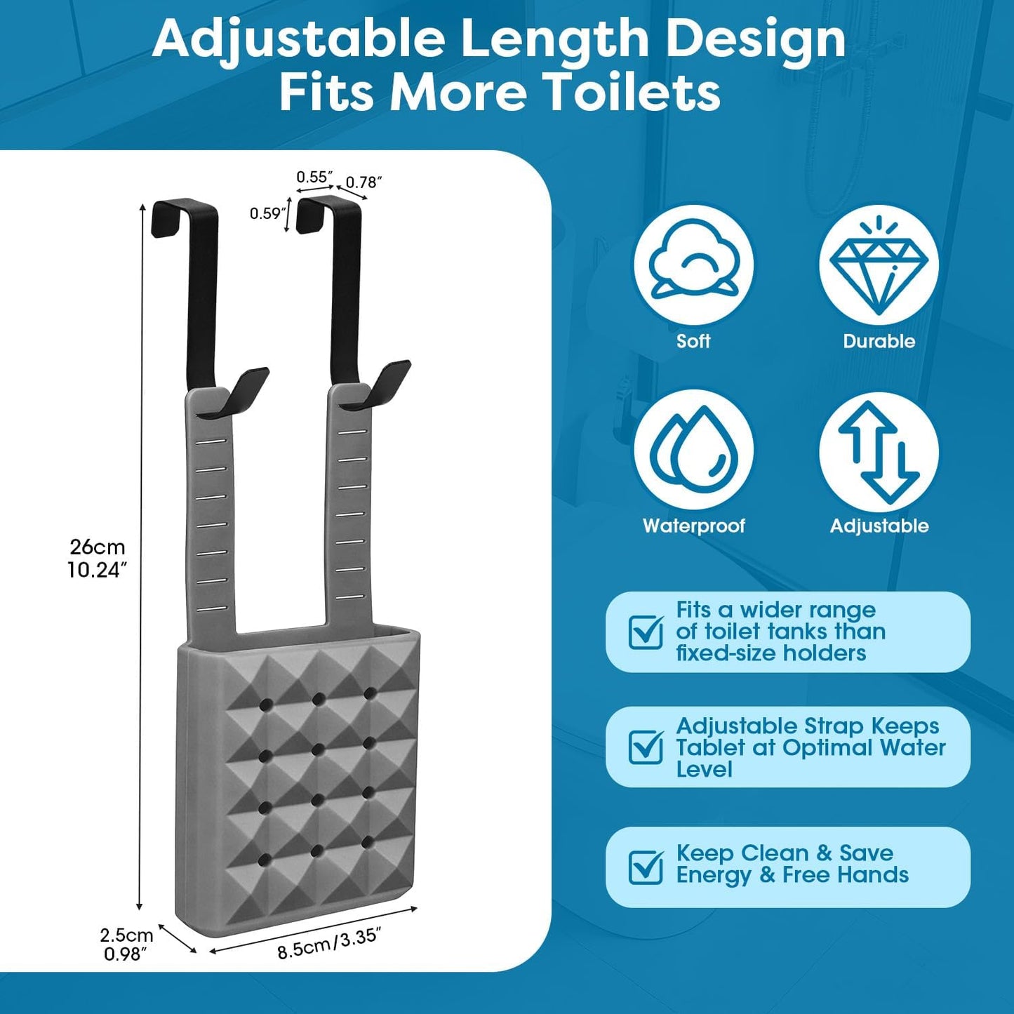 Adjustable Toilet Tank Cleaning Tablet Holder-Hanging Silicone Basket Carrier with Rustproof Hooks for Bowl Cleaner & Bleach Tablet Organizer, Accessory Fit Up to 7" Water Level
