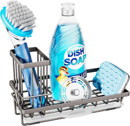 Consumest Sink Caddy, Kitchen Sponge Holder with Dish Brush Holder, Kitchen Organizer with Drip Tray for Countertop, Stainless Steel Rustproof - Silver