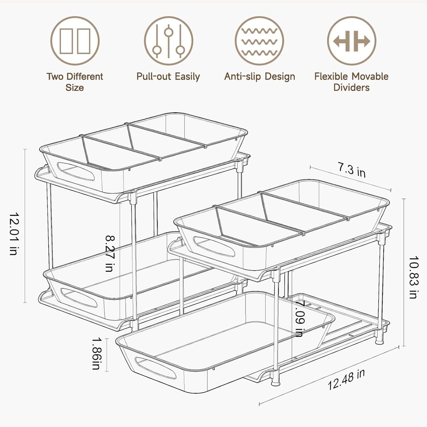 Sevenblue 4 Pack Under Sink Organizer, Bathroom Organizers and Storage, 2 Tier Multi-Use Pull Out Cabinet Organizer with Hang Hooks and Cups (Black, 4 Pack)