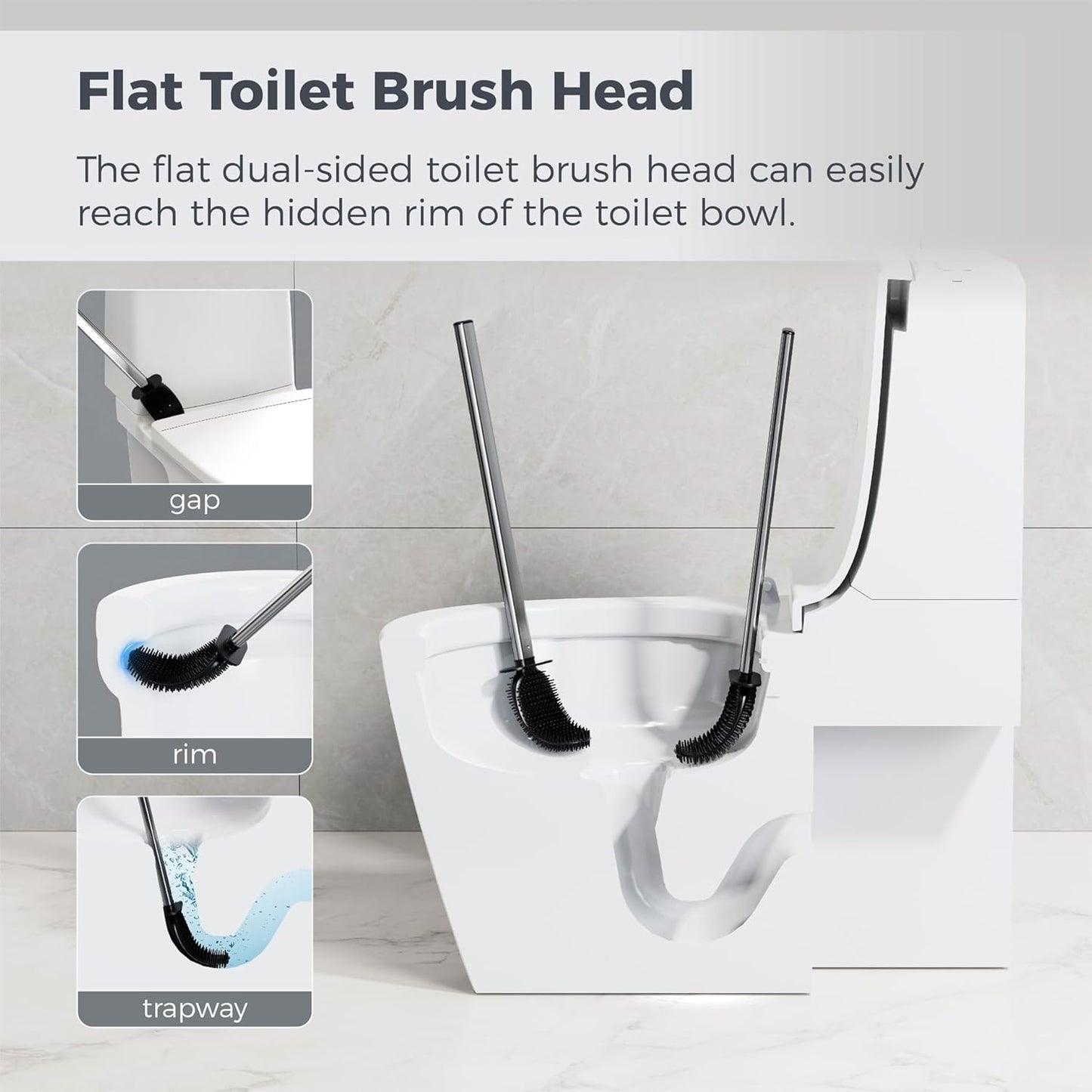 Sineng Silicone Toilet Brush and Holder Set, Stainless Steel Toilet Cleaning Brush, One-Piece Long Handle, Flexible Compact Modern RV Toilet Bowl Brush for Bathroom