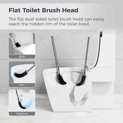 Sineng Silicone Toilet Brush and Holder Set, Stainless Steel Toilet Cleaning Brush, One-Piece Long Handle, Flexible Compact Modern RV Toilet Bowl Brush for Bathroom
