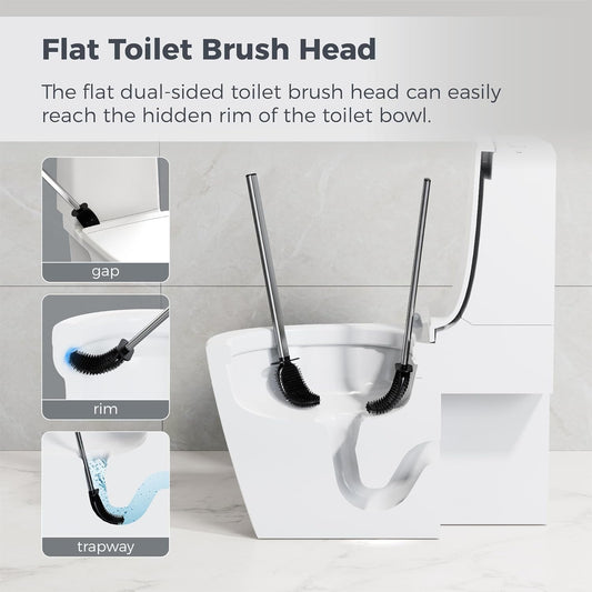 Sineng Silicone Toilet Brush and Holder Set, Stainless Steel Toilet Cleaning Brush, One-Piece Long Handle, Flexible Compact Modern RV Toilet Bowl Brush for Bathroom