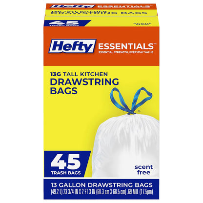 Hefty Essentials Drawstring 13 Gallon Kitchen Trash Bags, 45 Count, Tall Unscented Trash Bags for Kitchens, Home Offices, or Laundry Rooms, Easy to Tie, Lift, and Carry, White