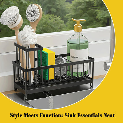 5 in 1 Sponge Holder for Kitchen Sink, Rustproof Stainless Steel Sink Caddy with Washing Cloth & Adhesive Hooks, Kitchen Sink Organizer with High Brush Holder and Soap Holder for Kitchen Sink