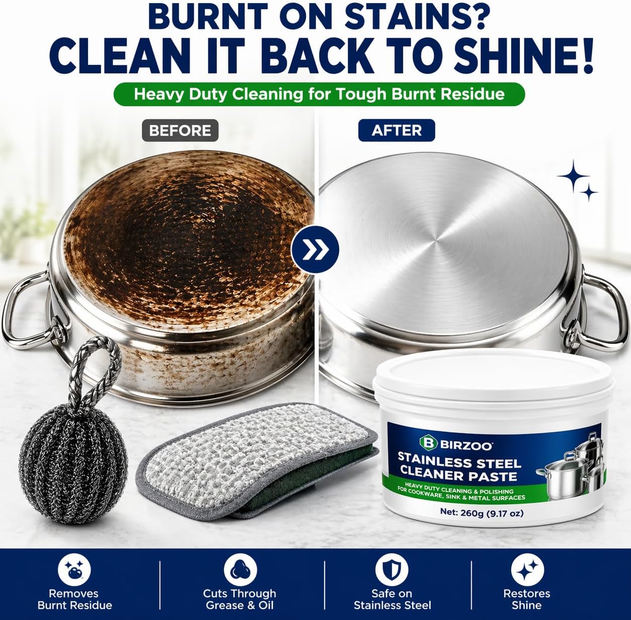 Stainless Steel Cleaner Paste, Heavy Duty Burnt Pan Cleaner for Pots, Stove, Sink & Cookware, Removes Grease & Stains with Scrubber & Steel Wool