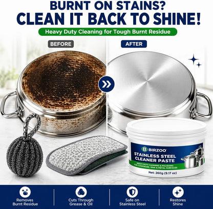 Stainless Steel Cleaner Paste, Heavy Duty Burnt Pan Cleaner for Pots, Stove, Sink & Cookware, Removes Grease & Stains with Scrubber & Steel Wool