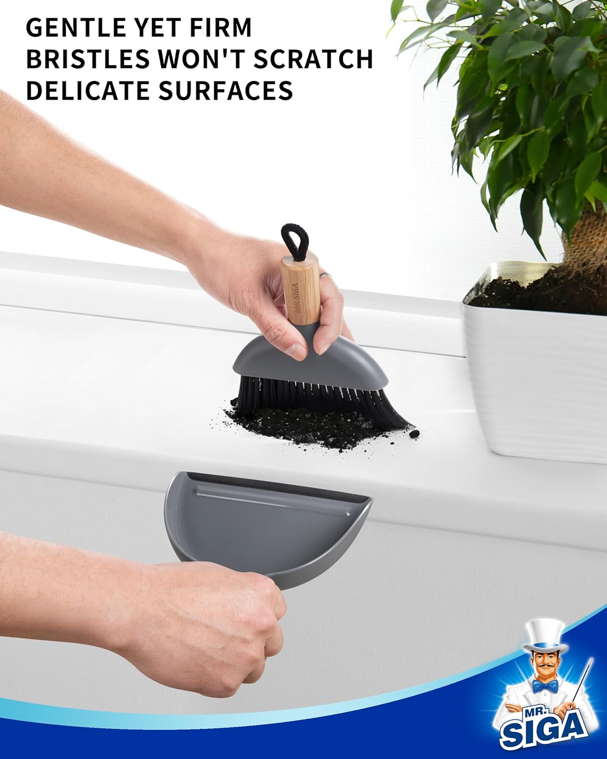 MR.SIGA Mini Dustpan and Brush Set, Portable Cleaning Brush and Dustpan Combo with Bamboo Handle, Black, 1 Set
