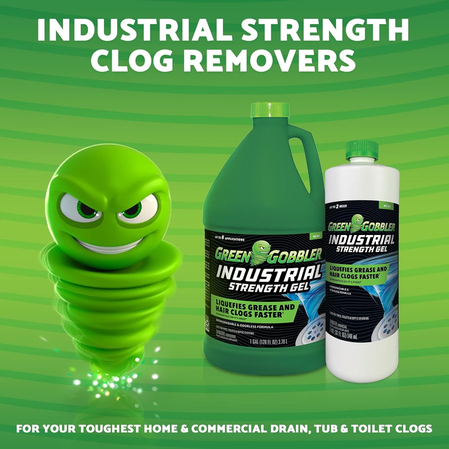 Green Gobbler Industrial Strength Grease and Hair Drain Clog Remover | Drain Cleaner Gel | Safe for Pipes, Toilets, Sinks, Tubs, Drains & Septic Systems | 64 fl. oz.