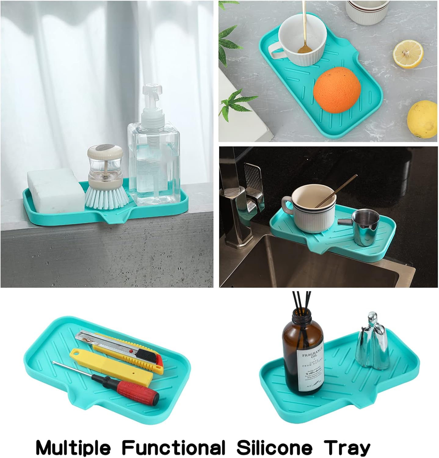 MicoYang Silicone Bathroom Soap Dishes with Drain Spout-Bathroom and Kitchen Sink Organizer,Sponge Holder,Dish Soap Tray,Perfect for Dispenser,Scrubber,Bottle,Cup on Sink or Counter-Black 4.9"×3.2"