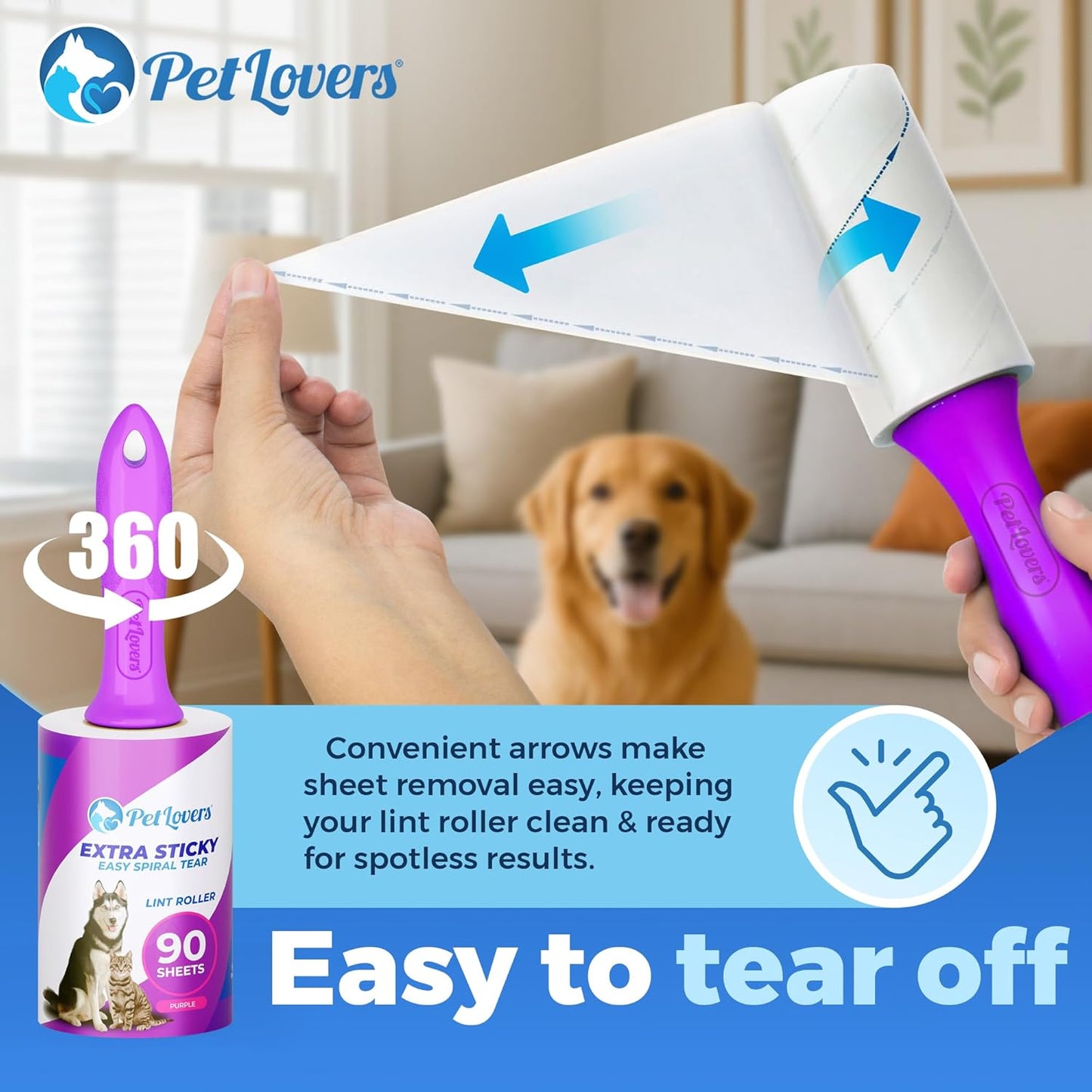 PetLovers Extra Sticky Lint Roller Mega Value Set 450 Sheets for Pet Hair Removal and Clothes, Dog and Cat Lint Remover 5 Pack