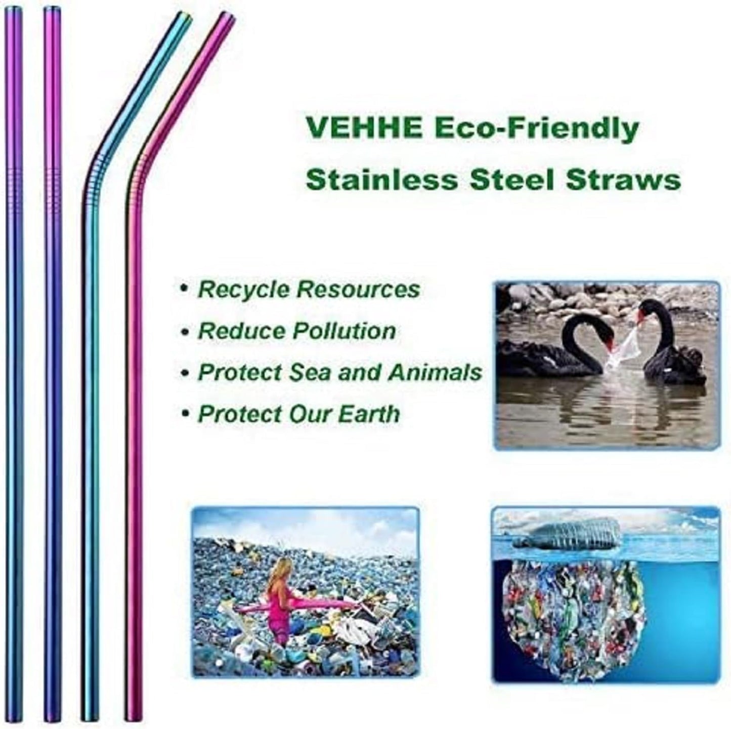 VEHHE Reusable Straws 8 Set Multi Color Stainless Steel Straws - Cleaning Brush for 20 Oz (Rainbow 8.5 inch + 10.5 inch)