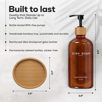 Clear Glass Dish Soap Dispenser by Brighter Barns - Kitchen Sink Set With Bamboo Tray - Modern Decor and Accessories, Minimalist Neutral Home (Clear)