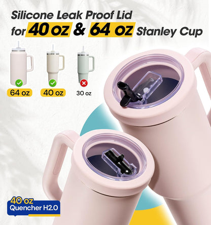 40 Oz Tumbler Flip Straw Lid Compatible with Stanley Quencher Cup, Anti Spill Replacement Cup Covers, Durable Silicone Leak Proof Lids with Cleaning Brush Set for Travel Storage
