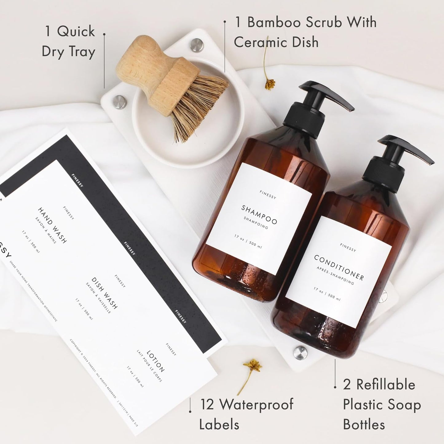 Luxe White Kitchen Soap Dispenser Set with Tray and Dish Brush, Refillable Hand and Dish Soap Dispenser Set Bottles with Pump for Lotion Handsoap Liquid Dishwashing Kitchen and Bathroom Countertop Set