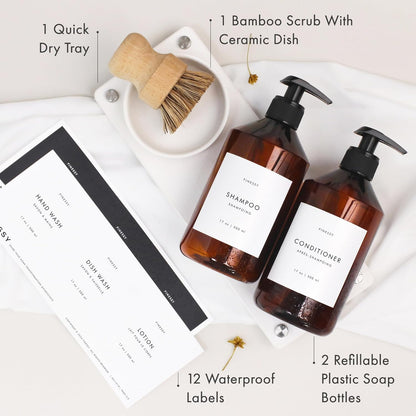Luxe White Kitchen Soap Dispenser Set with Tray and Dish Brush, Refillable Hand and Dish Soap Dispenser Set Bottles with Pump for Lotion Handsoap Liquid Dishwashing Kitchen and Bathroom Countertop Set