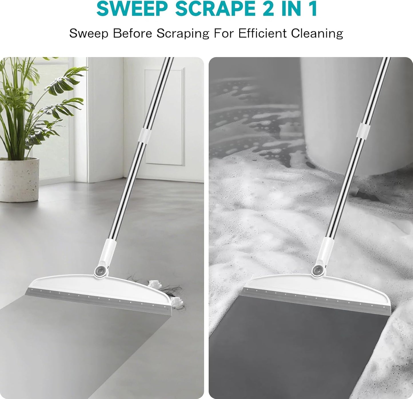Multifunction Silicone Broom, 54 Inch Long Handle Silicone Floor Squeegee Broom, Sweep and Scrape 2 in 1 Household Cleaning Rubber Broom for Floor, Bathrooms, Kitchens, Showers, Tile, Pet Hair, Glass
