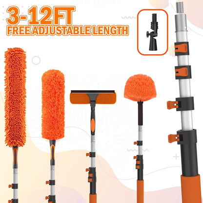 LAANPOLE 26FT High Reach Duster Cleaning Kit with Extension Pole, High Ceiling Fan Cleaner Duster Tool for Fan Blades, Window Washing Kit with Microfiber Feather Duster & Window Squeegee