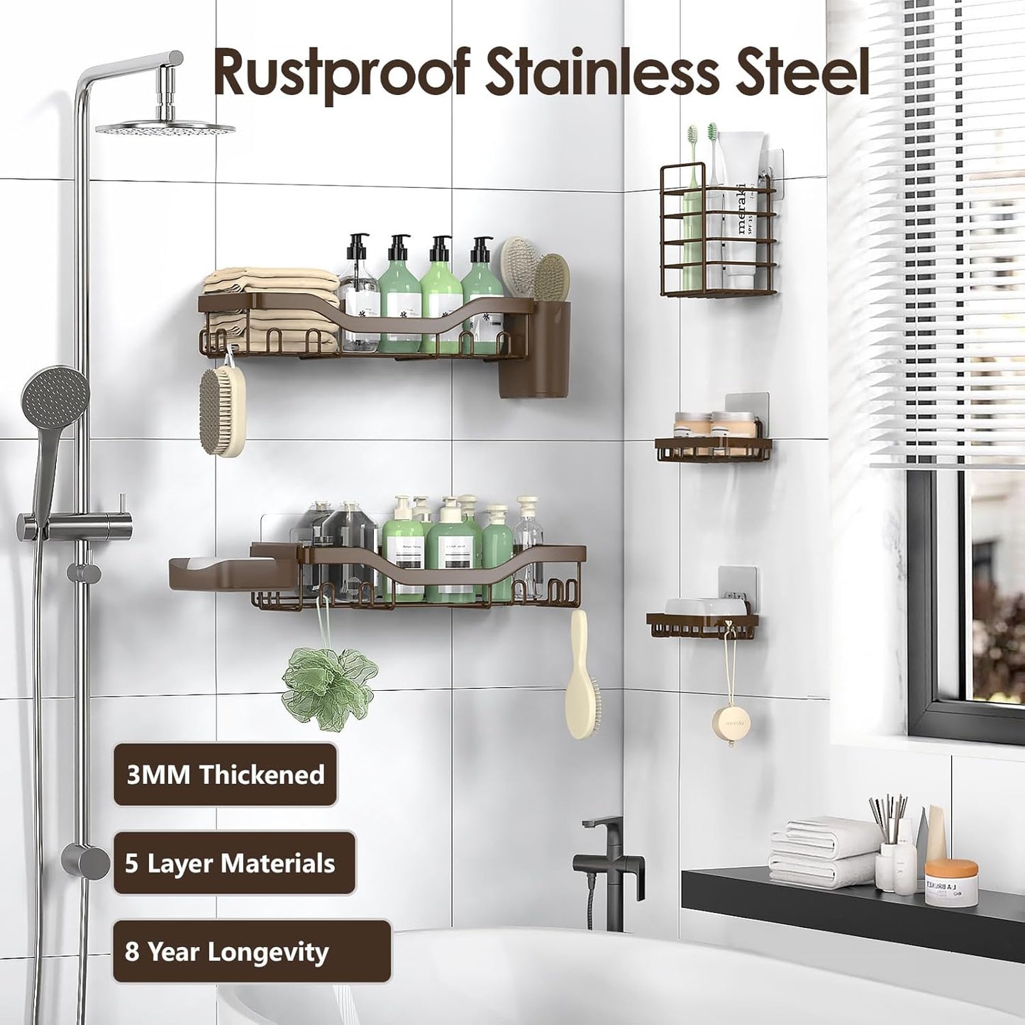 NESOMI Shower Caddy Adhesive Shower Organizer 7-Pack, Rustproof Stainless Steel Bathroom Shelves, Large Capacity No-Drill Rack Storage Accessories with Soap Dish Toothbrush Holder &24 Hooks Home Decor