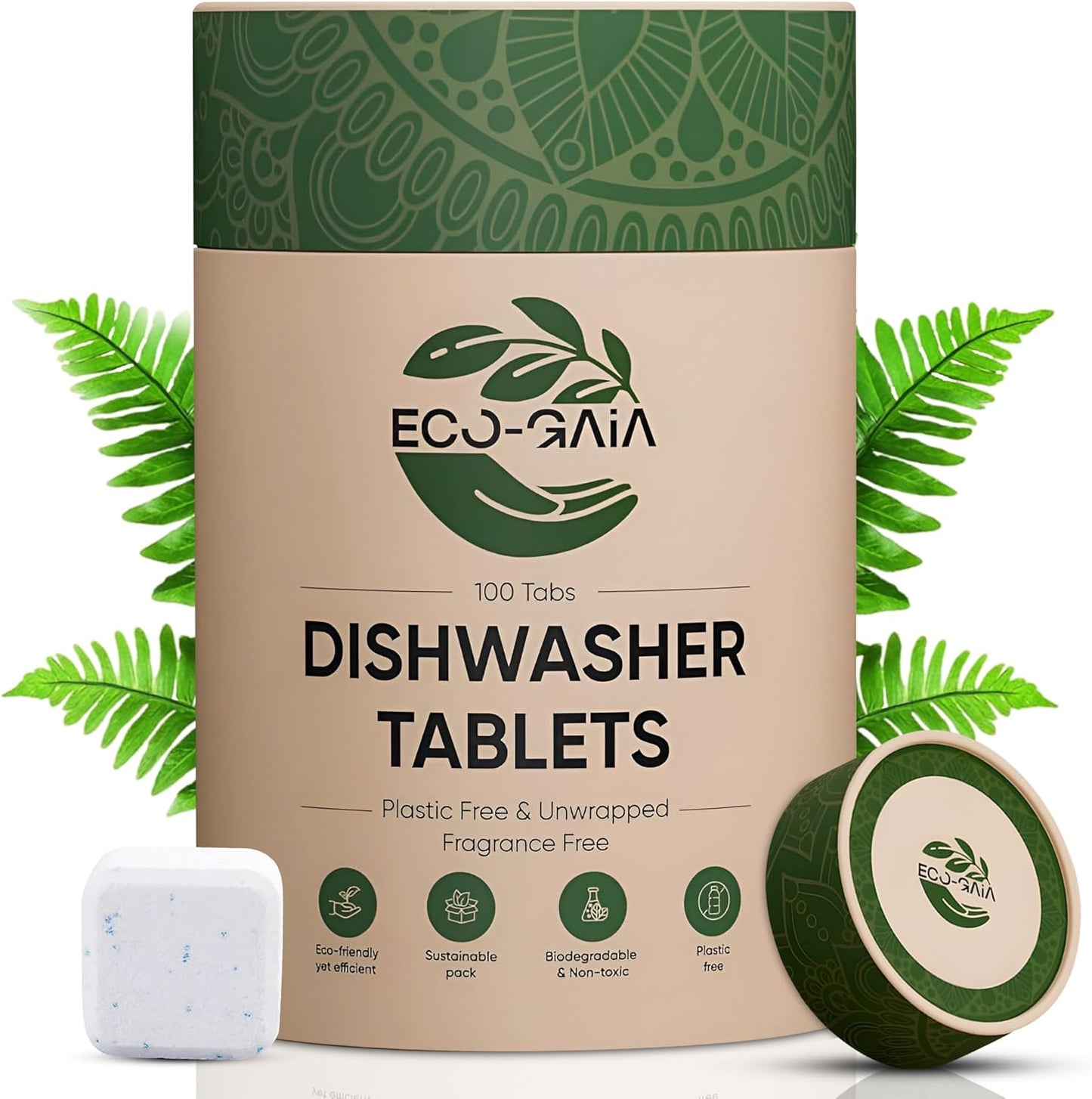 100% Plastic-Free Dishwasher Detergent Tablets, 100 Count, Free & Clear, Eco-Friendly Dishwashing Tablets, Natural, Sustainable