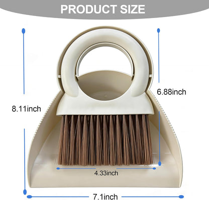 Mini Broom and Dustpan Set with Round Handle, Compact Small Hand Broom with Soft Bristles for Kitchen Counter, Desk, Drawer, Pet Area & Car Interior, Space-Saving Portable Cleaning Tool (Coffee)