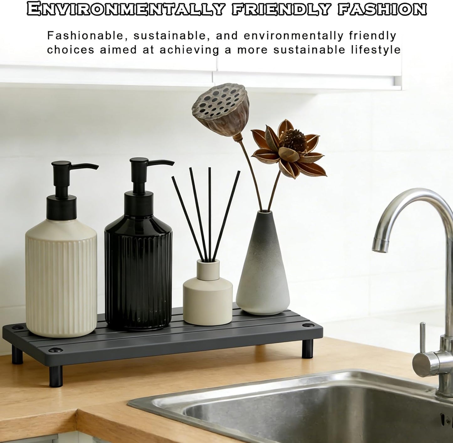 Instant Dry Sink Tray, Anti-Slip Stone Sink Caddy, Durable Kitchen Sink Organizer, Quick Dry Water Absorbing Stone Tray for Bathroom Counter, Stone Soap Tray -Dark Gray