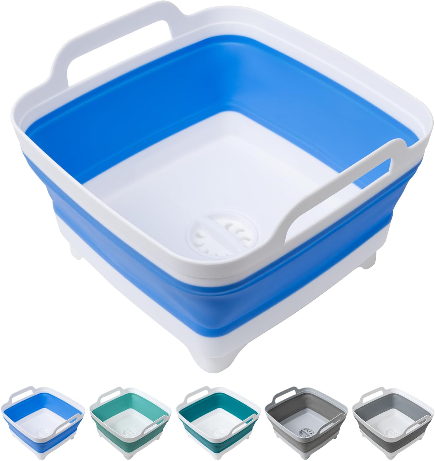 2 Pack Dishpan for Washing Dishes, 2.4Gal/9L Wash Basin with Draining Plug Carry Handles, Collapsible Bucket for Cleaning, Portable Sink, Foldable Plastic Tub