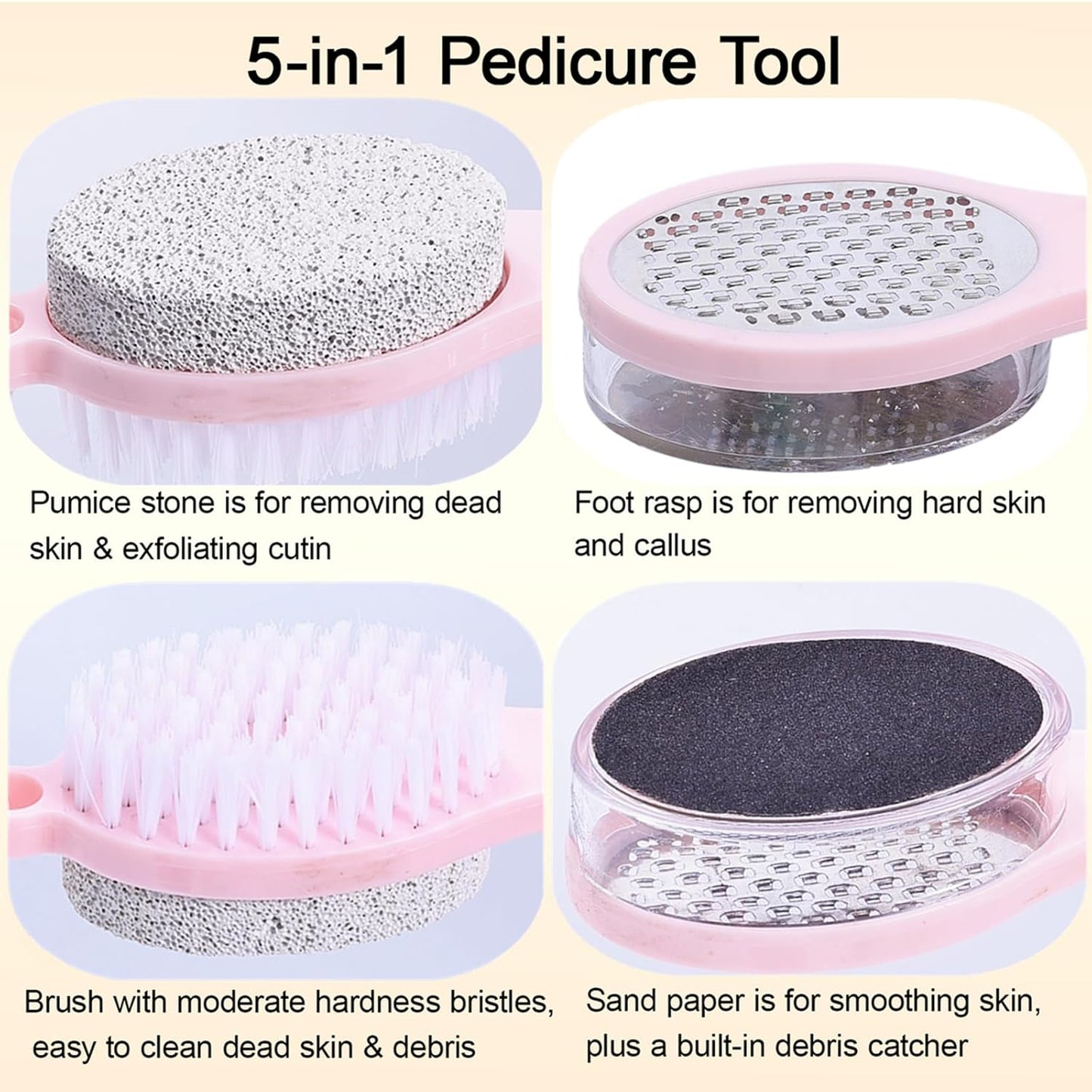 Foot File Callus Remover 5-in-1, 2 Pcs Feet Scraper Pedicure Tools with Pumice Stone, Scrubber Brush, Stainless Steel Foot Rasp and Sand Paper Debris Catcher, Multi Purpose, Cyan