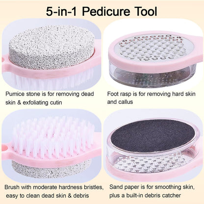 Foot File Callus Remover 5-in-1, 2 Pcs Feet Scraper Pedicure Tools with Pumice Stone, Scrubber Brush, Stainless Steel Foot Rasp and Sand Paper Debris Catcher, Multi Purpose, Cyan