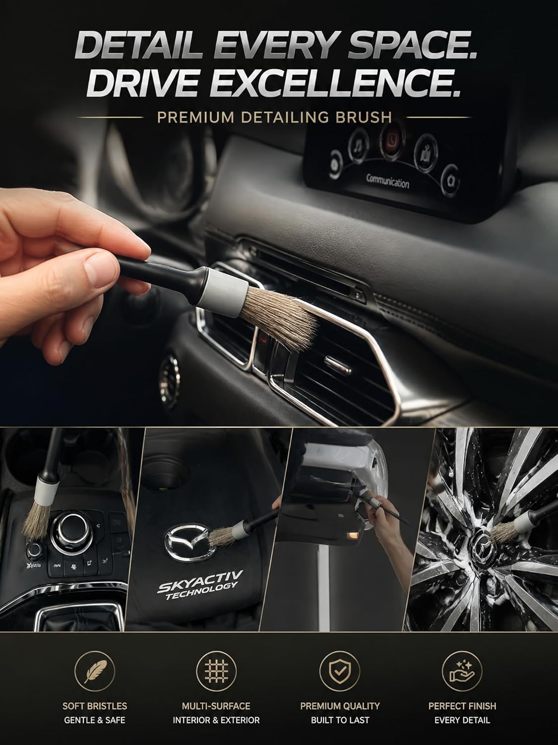 TAKAVU Complete Car Detailing Brush Kit (10 Piece) - Boar Hair Detail, Wire & Vent Brushes with Microfiber Towel for Wheels, Interior, Engine Bay Cleaning