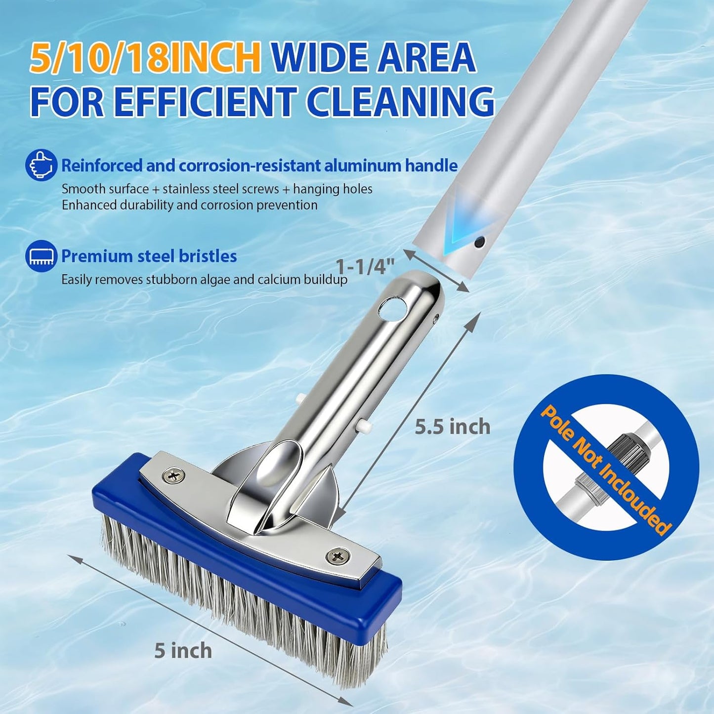 5-Inch Pool Brush Head - Combo Nylon & Stainless Steel Wire Bristles, Heavy Duty Metal Pool Brushes for Extra Scrubbing Power, for Cleaning Inground Pool Tiles, Concrete, Walls, Floor, Steps, Corners